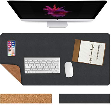 Vicloon Cork Desk Mat, 90cm x 43cm Office Desk Pad PU Leather Desk Blotter Desk Writing Mat Dual-Sided Mouse Pad Protecor Laptop Desk Mat Non-Slip for Office Home(Black)