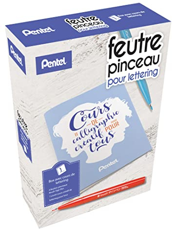 Pentel Arts Kit Lettering innehåller 4 penselpennor penselpenna SES15C svart, röd, himmelsblå och lila + 1 häfte Brevkurs för alla som erbjuds
