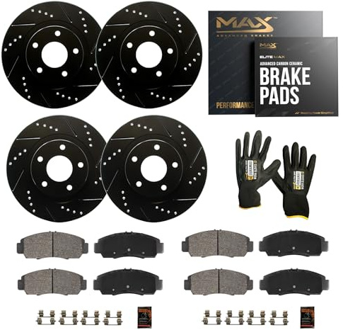 Max Advanced Brakes Front & Rear Brake Kit Compatible With 2019 Chevy Silverado 1500 Standard Brake Electronic Parking Replacement Drilled Slotted Black Coated Disc Brake Rotors and Ceramic Brake Pads