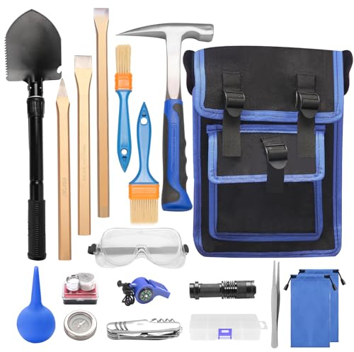 19 PCS Geology Rock Hammer Kit, 24oz Rock Pick Hammer, 3 Digging Chisels, Folding Shovel, Rock Hounding Tools with Brushes, Pocket Knife, Tweezers, Loupe, Goggles,Whistle, Shoulder Bag