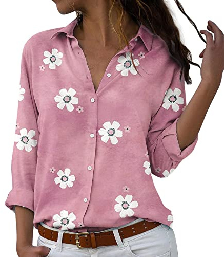 Chemise Blanche boutonnée décontractée à Manches Longues pour Femmes Chemise à Manches boutonnées rayée imprimée rayée Chemise boutonnée pour Femmes, ZZC-Rose, XX-Large