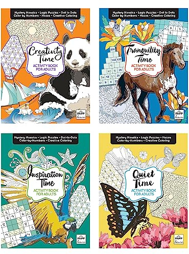 Activity Books for Adults, 4 Volume Set with Over 100 Pages of Stress-Relieving Activities Like Sudoku, Color by Number, Mosaics, and Inspirational Quotes