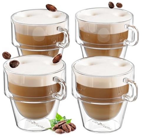 ElbFuchs® Doppelwandige Latte Macchiato Gläser Set [4x 350ml] STAPELBARE Thermogläser doppelwandig | Ideal als Cappuccino Tassen | Kaffeegläser | Teegläser