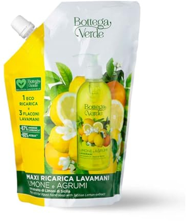 Bottega Verde - Limone e Agrumi, Lavamani Maxi Ricarica, 750 ml, con estratto di Limoni di Sicilia