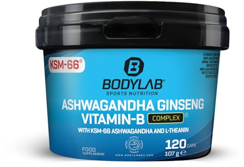 Bodylab24 Ashwagandha Ginseng Vitamin-B Complex 120 Kapseln, enthält 325mg hochwertiges KSM-66® Ashwagandha pro Kapsel, zusätzlich angereichert mit L-Theanin und Gingko biloba