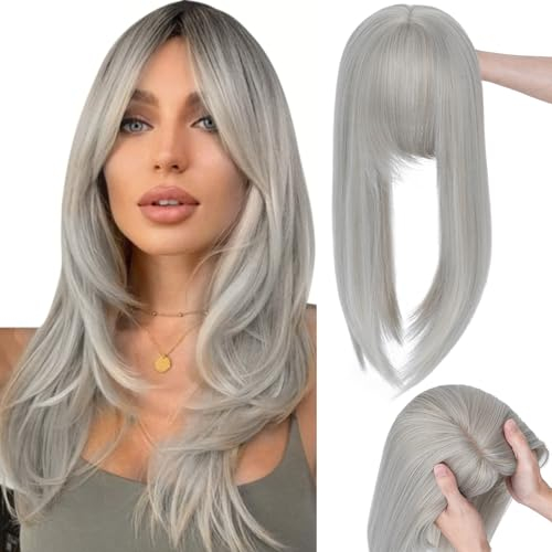 TESS Clip in Hair Topper con Bangs Grigio Mix Blond, 45 cm di lunghezza per Thinning Hair Pony parrucchiere, 4 clip per donne per uso quotidiano, fotografia e feste, 175 g