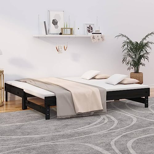 DJEKA Cama de día extensible, 2 x (90 x 190 cm), cama juvenil de 90 x 190 cm, cama con cama nido negro, 37, cama de día 90 x 190 cm, extensible, de madera, sofá cama, sofá cama de madera maciza de