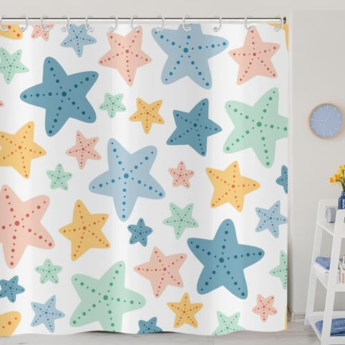 ASDCXZ Cortinas De Ducha Infantiles 180x180 cm, Lindos Dibujos Animados Azul Amarillo Verde Naranja Estrella Niña Niño Cortinas De Ducha Lavables Tela De Cortinas De Ducha Impermeables con 12 Ganchos