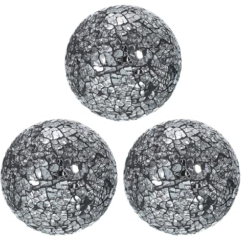 QUARKZMAN 3pz Palle Decorative in Vetro 8cm Sfere Centrotavola Sfere a Mosaico in Vetro per Decorazione Ciotole Vasi Tavolo Pranzo Festa, Argento Nero