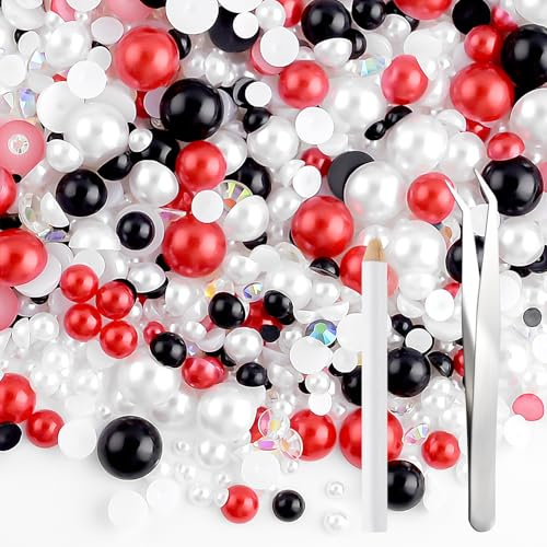NACHLYNN 60g Perlen-Mix und Strasssteine für Bastelarbeiten – Flachrücken-Strasssteine, Halbrundperlen, Größenmix 3mm-10mm – Für DIY-Nageldesign, Schuhe, Kleidung, Tumbler & Tassen (Rot Schwarz)