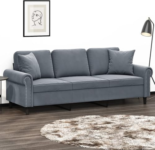 Willood Sofá de 3 Plazas con Cojines, Asiento con Reposabrazos, Sofá Tapizado de Televisión, Asiento para Salón Hogar, Terciopelo Gris Oscuro