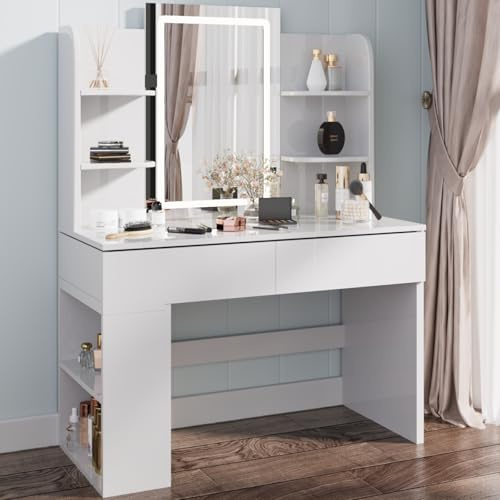 Airfish Toeletta da Trucco con Luci LED,Luminosità Regolabile,Postazione Trucco,Tavolo da Trucco con Specchio,2 Cassetti,Ripiani Aperti,Moderno,Bianco
