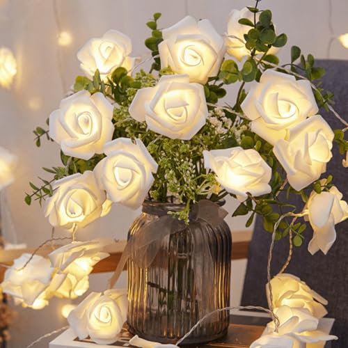 Jinlaili 20 LED Schmuck Rosen Lichterkette, 3 Meter Warmweiß Beleuchtungsgirlande mit Licht, LED Rosen Lichterkette Batteriebetrieben, Blumen Weihnachts Schmuck, Hochzeit Valentinstag Schmuck(Weiß)