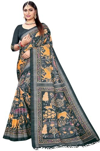 INDIA MADE Sari tradicional con estampado de seda de algodón verde botella para mujer con pieza de blusa-1959, Varios colores, talla única