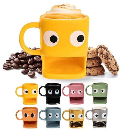 Fisura - Taza original para regalar con diseño de ojos. Con soporte para galletas en color amarillo. Fabricada en cerámica con hueco para galletas. Capacidad de 240 ml.