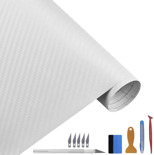 NewL Vinilo Adhesivo 3D de Fibra de Carbono con liberación de Aire, sin Burbujas, Incluye Herramientas de Montaje (100 x 300 cm), Color Blanco