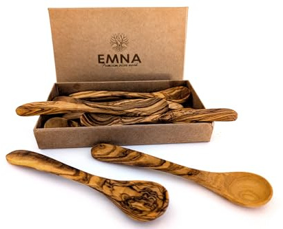 EMNA - Olivträ teskedar, set om 8, 14 cm, dessertsked av lyxigt olivträ, födelsedag presentidé, julklapp, handgjord, antibakteriell, ädel presentlåda, för gourmeter