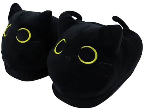 ENIXWH Pantoufles Chat Noir en Peluche Poupée Animal Flannelle Pantoufles pour Enfants Adultes Femmes Amusantes Hiver