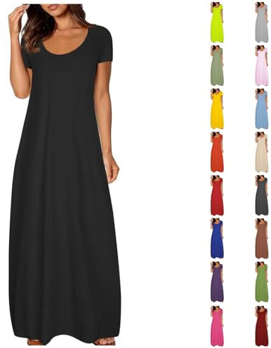 Summer Maxi Dresses for Women UK 3/4 Sleeves Casual Short Sleeve Swing Long Dress Scoop Neck Flowy Sundress with Pockets for Beach Holidays Black
