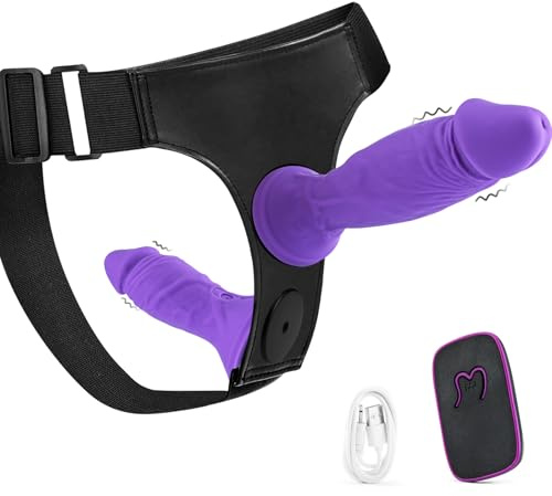 2 in 1 Strap on Dildo with Remote Control, 7 & 5 Inch Double Dildo with 10 Vibration Frequencies, Couples & Gay Sex Toys, Anal Toy for Men & Women（Purple）
