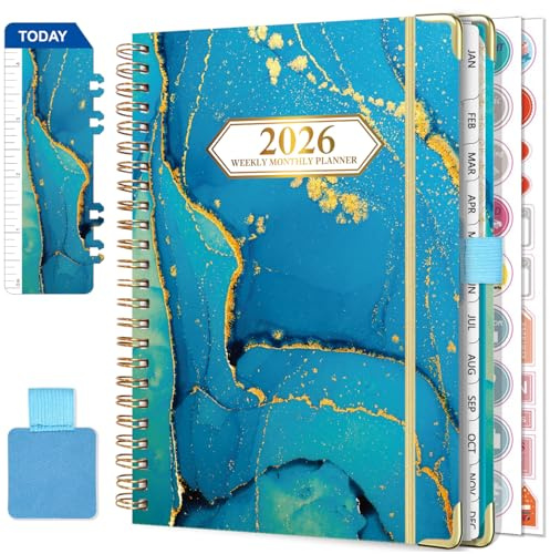 NEYSA Agenda 2026 Semainier Spirale de Janvier à Décembre 2026 (12 mois) A5 Agenda Scolaire Avec boucle de stylo,Règle Signet & Autocollants de plan (Bleu)