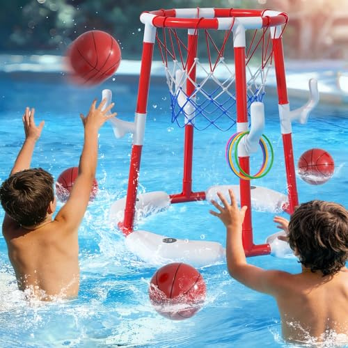 BLmukce Pool Basketball Hoop 2-in-1 Floating & Above Ground Water Game for Kids 4-8 & 8-12 Years Old with 4 Balls, 12 Rings & Pump, Outdoor Play Swimming Pool Toy for Adult Summer Party (Red)