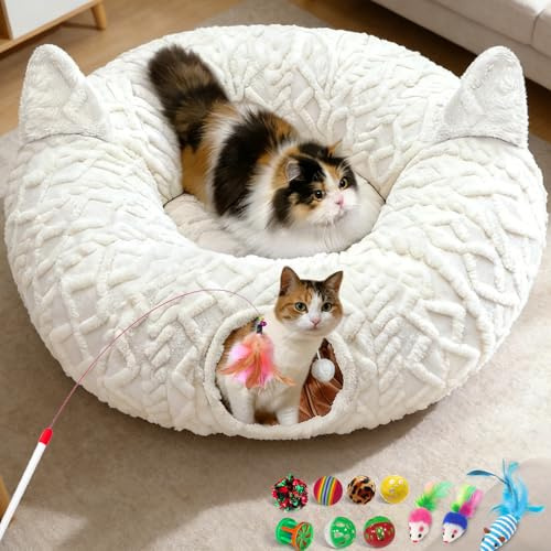 Soft Plush Cat Tunnels Bed for Indoor Cats with 11 Pcs Interactive Toys | 3 Tunnel Shapes, Cat Donut Tunnel with Washable Mat, Foldable Storage, Easy install, Cat Tunnel for Under Christmas Tree