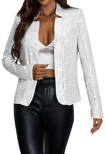 Generisk paljetter bolero damer, kavaj damer glitter festlig jacka festival kostym kvinnor karneval kostym casual blusjacka party bomberjacka kort streetwear rave outfit bekväm kavajrock, Vit, XXL