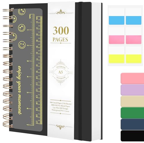 AOOSU Carnet de Notes, Carnet A5 Ligné, 300 Pages Cahier A5 à Spirale, Papier Encreur 100g/M², Life Planner Agenda Scolaire–Couverture Rigide PVC, avec Règle pour écriture, école, bureau