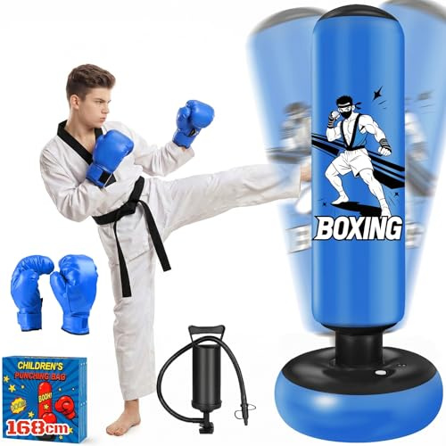Sac de Frappe Enfant Gonflable Oziral Kids Boxing Sandbag Sac de Frappe autoportant pour Adultes Sac de Boxe Gonflable avec Pompe à air – Entraînement à Domicile pour Muay Thai Kickboxing