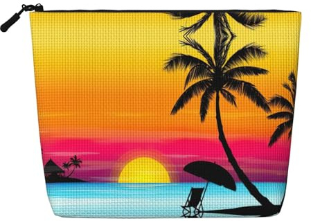 Sunset Palm Tree Print Fake Hemp Makeup Bag Cosmetic Pouch Travel Toiletry Bag Waterproof Organizer for Women