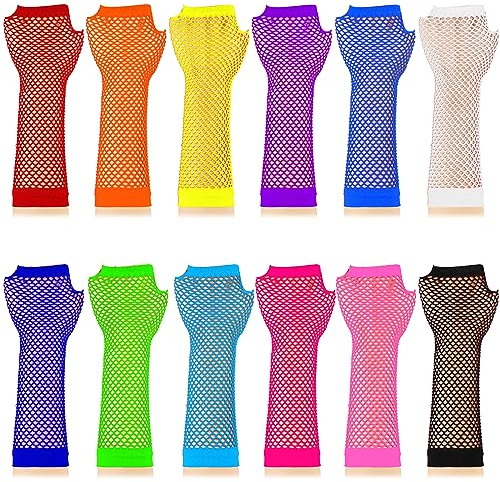 TecUnite 12 Pairs Fishnet Gloves Fingerless Neon Gloves for Women Men 80s Party Costume Accessories Supplies(Simple Style)