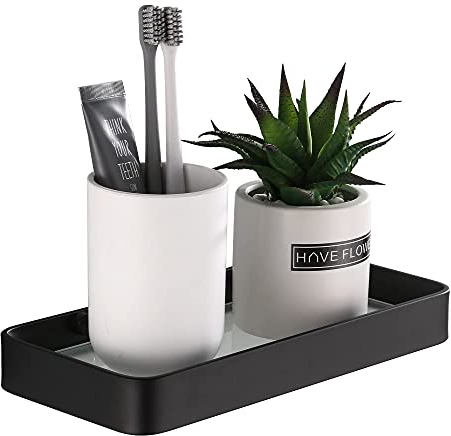 DUFU Mensola Bagno Adesiva Mensola Doccia Senza Foratura Organizer Antiruggine Stoccaggio Nessun Danno Vetro Temperato Alluminio Spaziale Accessori da Bagno 25cm Nero