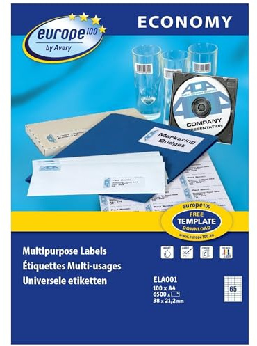 Europe 100 Étiquettes Multi-Usages Autocollantes Blanches 38 x 21,2 mm - 6500 Pièces - Impression Laser, Jet d'Encre et Copieur
