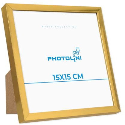 PHOTOLINI Bilderrahmen 15x15 cm Gold, Kunststoff-Rahmen schmal, bruchsicheres Acrylglas, zum Aufstellen und Aufhängen, extra Zubehör - Dokumentenrahmen für Urkunden, Zertifikate & Fotos