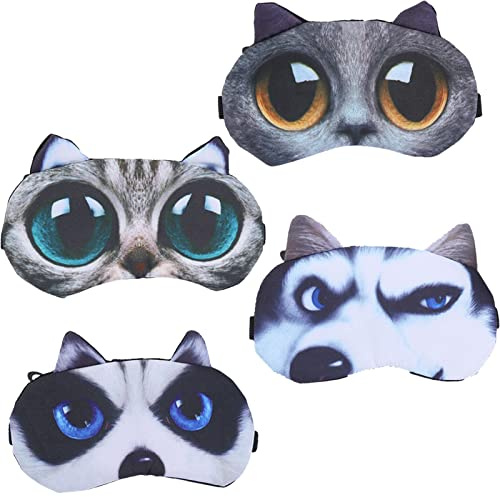 Set mit 4 niedlichen Katzen- und Hundemustern Schlafaugenmasken, Augenmasken weich und flauschig Schlafschattenabdeckung Rest Reise Schlafmaske Kinder Jungen Mädchen Frauen Frauen Daydream Schlafmaske