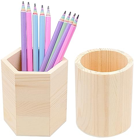 Bakiauli 2 Stück Stiftehalter Holz, Stifteköcher Runder und Hexagon Stiftehalter DIY Stiftebecher für Schreibtisch Büro Make-up Schoo