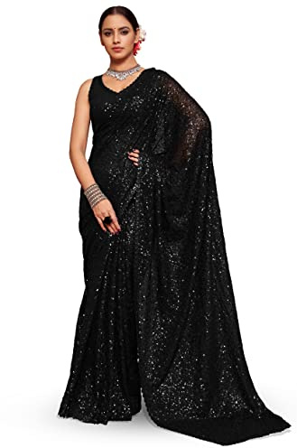 TRENDMALLS Women's Heavy Georgette Sequins work Saree with Unstitch Blouse Piece (K951-Black)