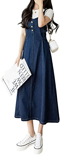 CHARTOU Women's Elegant Straps Back Smocked A-Line Long Skirt Denim Overall Pinafore Dress (Large, Blue)