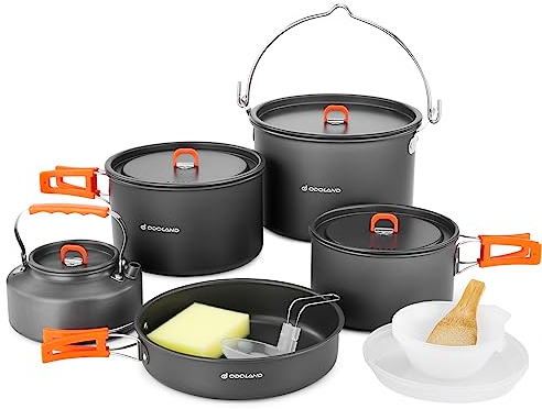 Odoland Camping Kochgeschirr Set 16 Teilig, Outdoor Geschirr Set mit 3 Topfe, Bratpfanne und Wasserkocher Camping Kochtopf Set, Kochgeschirr Aluminium für Camping,Reisen,Picknick