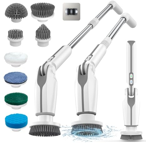 Leebein Brosse Électrique Nettoyage 2024, Brosse Nettoyage sans Fil avec 8 Brosses remplaçables, Télécommande, Longueur Réglable 38-132CM et 2 Vitesses de Rotation pour Salle de Bain/Cusine/Voiture
