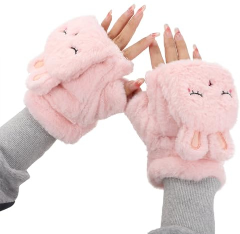 Mashaouyo Mitaine Fille Garçon Avec Capuchon Gants Enfant Mitaine Enfant Mignon En Motif De Lapin Moufles Demi-Doigt Tricoté Gants Chauds Hiver Pour Enfants