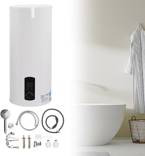 Elektronischer Durchlauferhitzer mit Leckage-Schutz, 60L Warmwasserbereiter mit Temperaturwahl, 2000W 220V Elektrischer Tank-Wassererhitzer mit Dusche & Wasserhahn, 34 * 81cm, Weiß