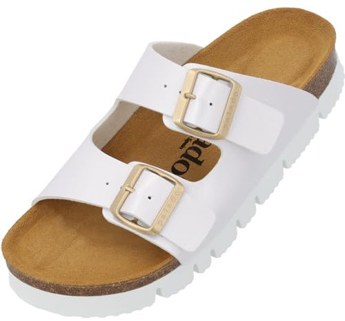 Palado Pantoletten Damen Korfu PL Metallic - bequeme Sandalen Made in Spain - Hausschuhe mit Kork-Fußbett - modische Sommerschuhe Weiß UK6 - EU39