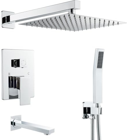 KINKIBOS Système de douche encastré à montage mural, système de douche 3 fonctions avec pommeau de douche haute pression de 30,5 cm, douchette à main et bec de baignoire, ensemble mitigeur de douche