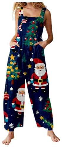 Xmas Onesies Christmas Jumpsuit For Women Uk Santa Claus Print Dungarees Snowman Print Tunic Long Overall High Waist Slim Fit Fitness Onsies Romper Wide Leg One Piece Playsuits Romper With Pockets
