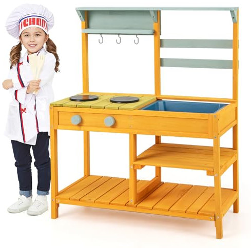 COSTWAY Cuisine Extérieure Enfant avec Évier & Poêles Doubles, Cuisine de Boue en Bois de Sapin avec Bouton Rotatif, Étagère de Rangement, Cuisine Boueuse pour 3 Ans+, 75 x 36 x 92 cm (Orange)