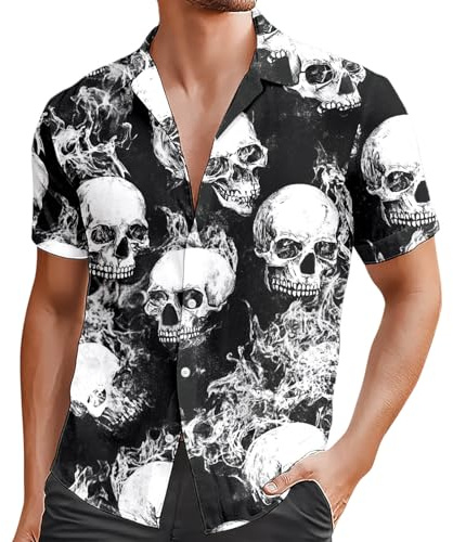 RUMAOZIA Camisa de manga corta para hombre, para vacaciones, para el tiempo libre, verano, manga corta, con estampado de calavera, estampado de calavera, camisa hawaiana, multicolor, arco iris, camisa