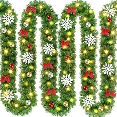Tannengirlande 5.4 m mit Beleuchtung, Weihnachtsgirlande mit 80 LEDs, Girlande Weihnachten mit Christbaumkugeln, Schneeflöckchen und Schleifen Mitgeliefert für In & Outdoor Deko