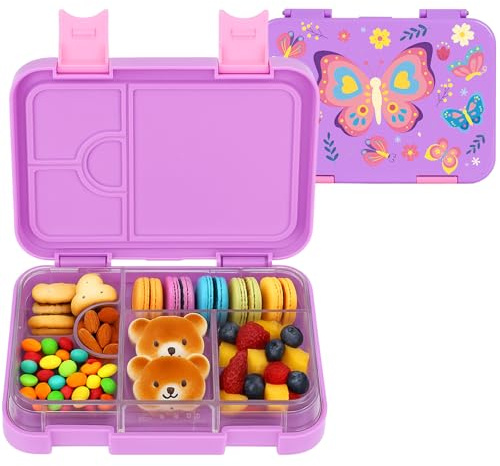 PinkSheep Lunchlåda för barn 760 ml Bento lunchlådor, BPA-fri läckagesäker barnmatbehållare med 6 fack, tillbaka till skolelever Daycare lunches/mellanmålsbehållare, tritan (fjäril)